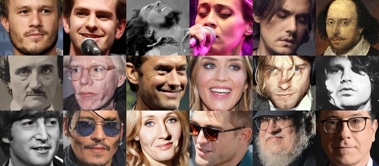 a collage of public figures believed to be the INFP Personality Type: Heath Ledger, Andrew Garfield, Bob Marley, Fiona Apple, John Mayer, William Shakespeare  Edgar Allan Poe, Andy Warhol, Jude Law, Emily Blunt, Kurt Cobain, Jim Morrison  John Lennon, Johnny Depp, J.K. Rowling, Robert Pattinson, George RR Martin, Stephen Colbert