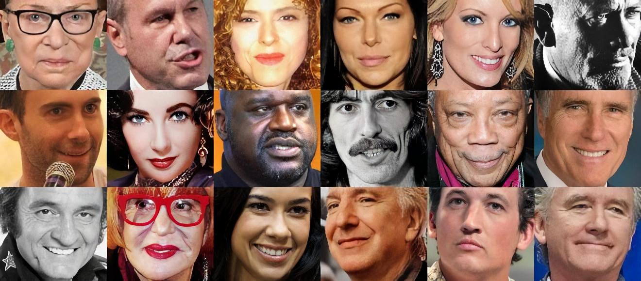 RBG, Michael Eisner, Bernadette Peters, Laura Prepon, Stormy Daniels, John Steinbeck  Adam Levine, Elizabeth Taylor, Shaquille O’Neal, George Harrison, Quincy Jones, Mitt Romney  Johnny Cash, Sally Jesse Raphael, AJ Lee, Alan Rickman, Miles Teller, Patrick Duffy