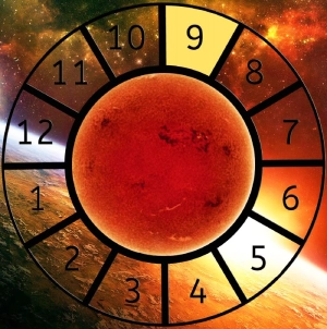 The Sun shown within a Astrological House wheel highlighting the 9th House